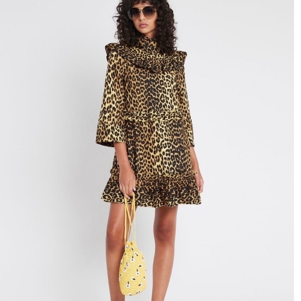 GANNI Yellow Black Leopard Poplin Cotton Ruffle Bib Mini Dress EU 36 US 4